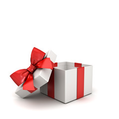 Open gift box or Blank present box with red ribbon bow isolated on white background with shadow 3D rendering