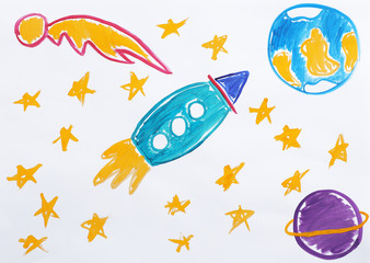 Fototapeta premium Colorful children painting of space ship on white background