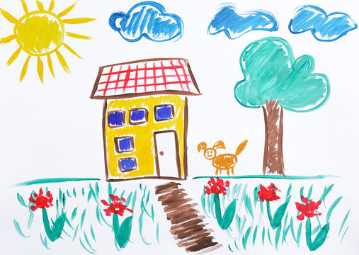 Colorful children painting of beautiful house on white background