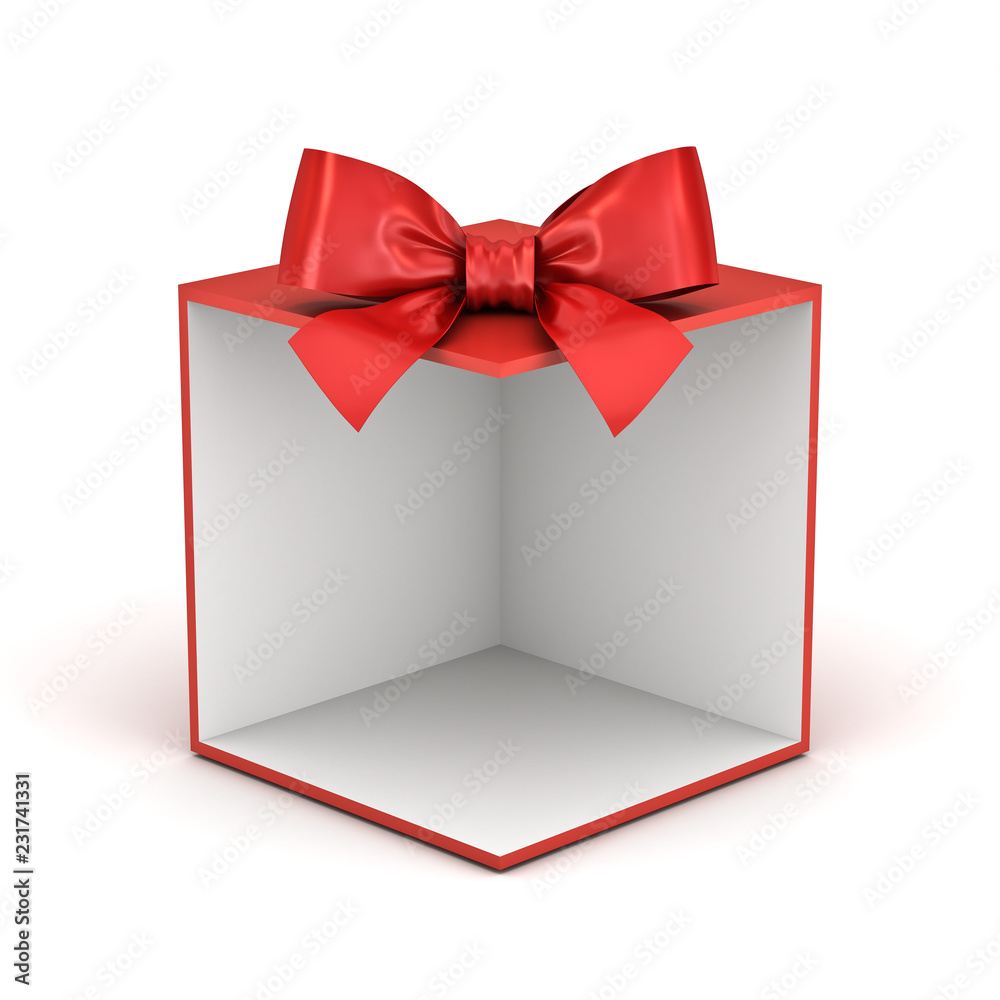 Poster Blank red gift box backdrop or red present box with red ribbon bow isolated on white background with shadow 3D rendering