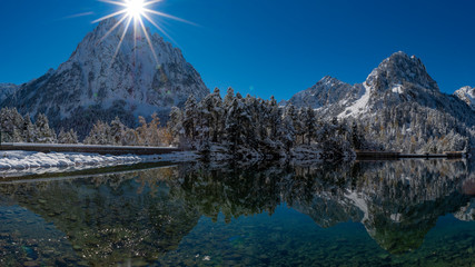 Snow season. Mountain with snow, winter landscape.