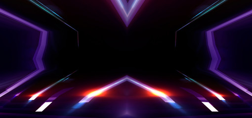 Background of an empty corridor with brick walls and neon light. walls, neon rays and glow