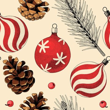 Seamless pattern with pine cones and xmas toys