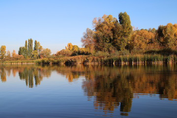 Beautiful pacifying landscape outside the city. The calm water of the lake reflects the colorful autumn trees. Bright colors of autumn. Seasons. November. Natural photo background