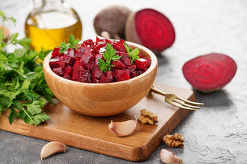 Healthy vegan beetroot salad with walnuts.