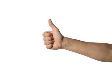 Male hand with a raised thumb on a white background. Side picture. Gesture of approval, good work