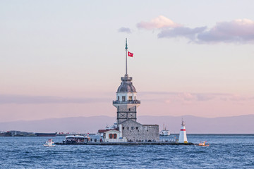 landscape of Maiden's Tower in Ocean at sunset in Istanbul 