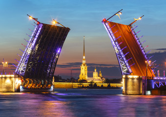 Fototapeta na wymiar Open Palace Bridge and Peter and Paul Fortress at night, St. Petersburg, Russia