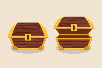 Set of icons with cartoon closed and opened wooden pirate chests with golden coins and keyhole. Antique old Treasure chest.
