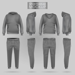 Mockup of the grey sportswear hoodie and trousers in four dimensions: front, side and back view, realistic gradient mesh vector. Clothes for sport and urban style