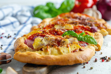 Vegetable potato open pie closeup.