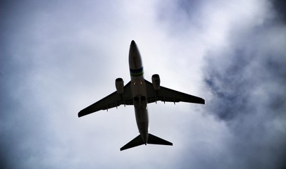 Plane flying with cloudy sky