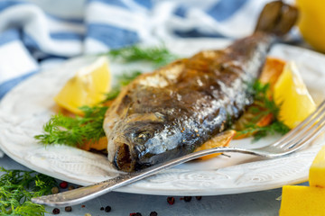 Baked lake trout close-up.