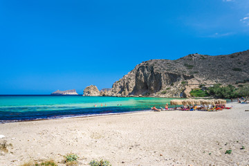Tropical Plathiena beach in Milos island, Cyclades, Greece.