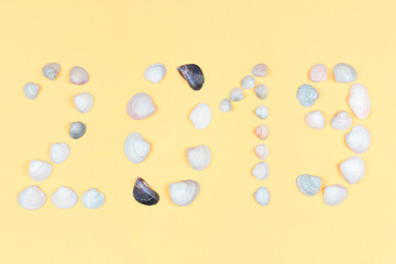 New Year 2019. Inscription 2019 made of seashells. Creative greeting card for New Year. Pattern for year of yellow earth pig. Yellow background. Copy space