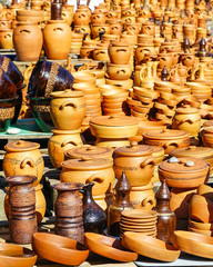 Fototapeta na wymiar traditional Georgian handmade clay pottery on display at street market