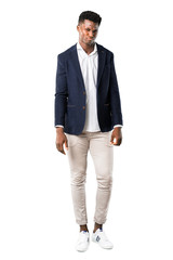 Full body of Handsome african american man wearing a jacket with sad and depressed expression. Serious gesture on white background