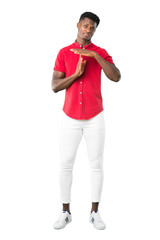 Full body of Young african american man making stop gesture with her hand to stop an act on white background