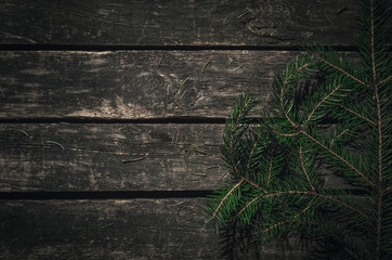 Christmas background. Fir tree branches on the wooden table background with copy space. Top view.