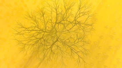 Mountain, fog, mist abstract meadow field full of strange vegetation in form of wine glasses and lit by bright sun god rays with lonely tree without leaves. Unusual 3d illustration. Travel and camping