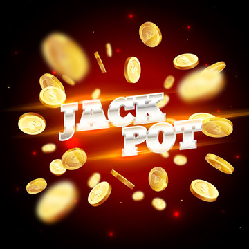 The silver word Jackpot, surrounded by attributes of gambling, on a coins explosion background. The new, best design of the luck banner, for gambling, casino, poker, slot, roulette or bone.