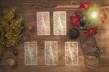 Tarot cards on fortune teller desk table background. Futune reading concept. Divination.