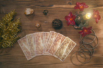 Tarot cards on fortune teller desk table background. Futune reading concept. Divination.