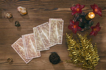 Tarot cards on fortune teller desk table background. Futune reading concept. Divination.