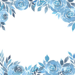 Floral frame of blue roses flowers watercolor