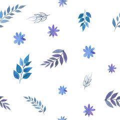 Floral nature elements plants blue and purple seamless pattern watercolor