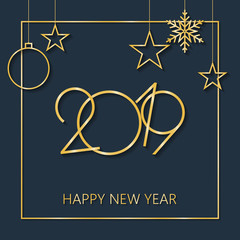 Happy New Year 2019. Golden numbers with stars and snowflakes