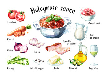 Zutatenset für das Rezept für Bolognese-Sauce. Gezeichnete Illustration des Aquarells Hand lokalisiert auf weißem Hintergrund