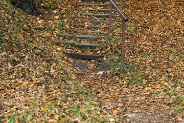 Stairs covered with autumn leaves. Slovakia