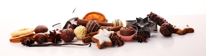 Baking christmas cookies. chocolate, cinnamon stars and spices.