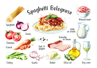 Spaghetti Bolognese recipe ingredients set. Watercolor hand drawn illustration isolated on white background