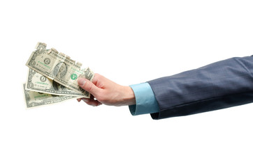 Businessman hand is holding a crumpled dollars money isolated on white background.