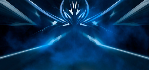 Abstract dark tunnel with neon lights illumination and smoke