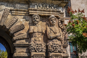 Monumental city gate of Palermo - Porta Nuova (1583 - 1669). Porta Nuova is located beside Palazzo dei Normanni (Palermo old royal palace). Palermo, Sicily, Italy.