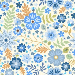 Seamless ditsy pattern with blue flowers on white background. Decorative vector print.