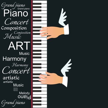 Creative vector illustration with a piano keyboard and winged musician hands isolated on a black background. The symbol of inspiration. Poster for a concert or invitation card.