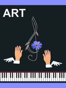 Musician plays the concert grand piano. Symbolic illustration of inspiration: winged hands, little fairy ballerina pressing piano key, treble clef and musical notes in the form of flowers. Vector.