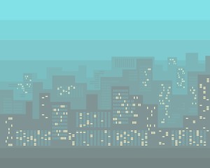 Abstract city buildings with lighted windows. Urban landscape. Modern cityscape background in flat style. Vector illustration.