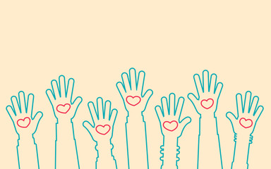 Human hands raised up with hearts silhouette, people volunteering to help, vector graphics