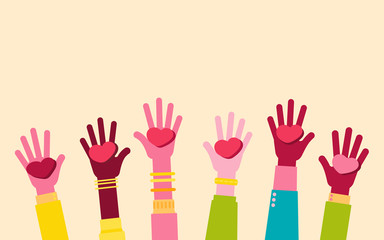 Human hands raised up with hearts, people volunteering to help, vector illustration