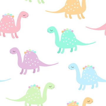 Seamless pattern with cute colorful dinosaurs on white background. Dino print for kids. Vector illustration.