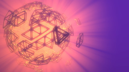 Abstract 3d rendering concept of high poly sphere with chaotic mesh grid cellular mulecular structure. Sci-fi background with polygonal shape in empty space with light god rays. Futuristic design bio
