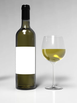 Bottle of white wine and wineglass. Mockup. 3d illustration.