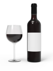 Wine bottle and wineglass isolated on white background. Mockup