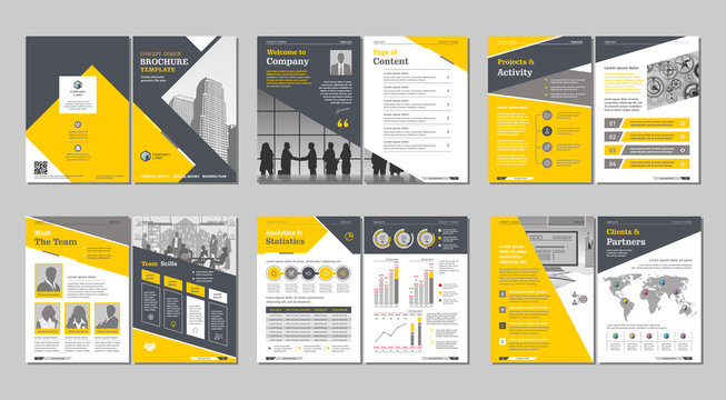 Brochure creative design. Multipurpose template with cover, back and inside pages. Trendy minimalist flat geometric design. Vertical a4 format.