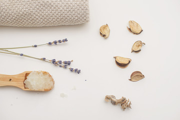 bath salts and lavender, spa concept. flat lay, top view. 